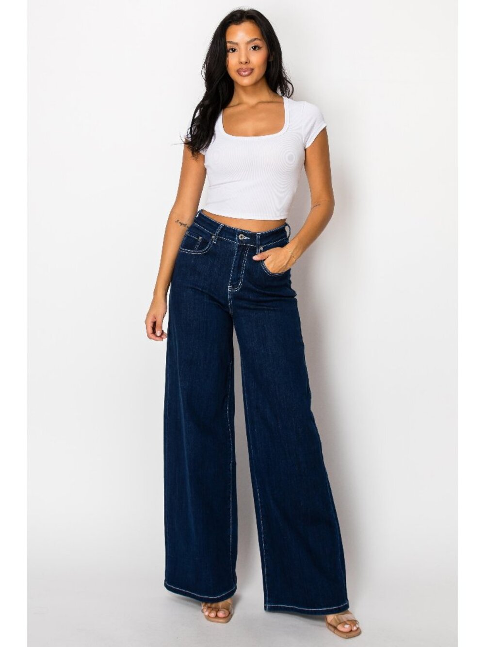 Women's High Waist Wide Leg Jeans, Dark Wash Loose Fit Denim Pants, Classic 5 Po